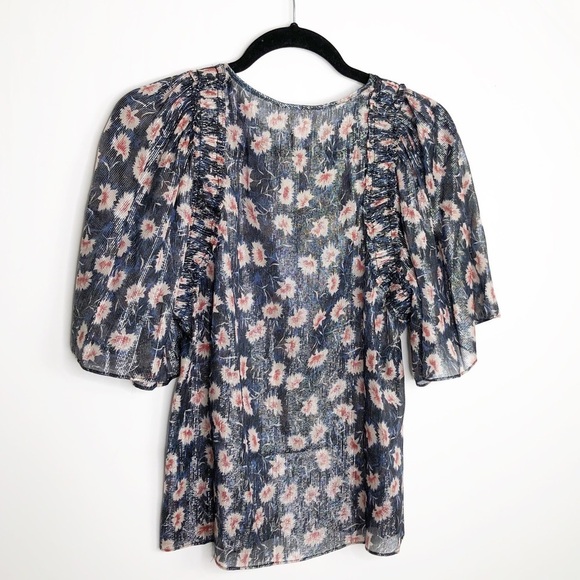 REBECCA Taylor navy blue floral sheer shimmer blouse - Picture 3 of 9